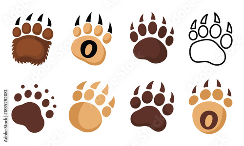 Bear Paw Icon Set. Animal Footprint Flat Vector with Sharp Claws, Wild Nature Track Symbol, Wildlife Trail Mark, Outdoor Adventure Sign