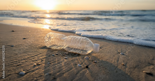 Discarded plastic bottle lying on a beach during sunset, waves approaching gently, emphasizing environmental pollution and the impact of plastic waste on marine ecosystems.
