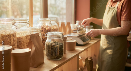 Sunlit zero-waste shop interior with glass jars of grains, nuts and herbs as a worker measures produce on a scale, highlighting sustainable retail and mindful consumption.