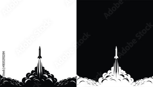 Rocket Taking Off with a powerful exhaust Smoke Clouds vector illustration isolated on a white background