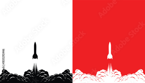 Rocket Taking Off with a powerful exhaust Smoke Clouds vector illustration isolated on a white background