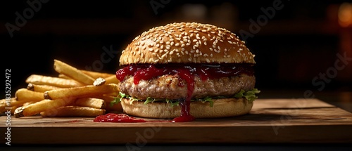 Fototapeta Naklejka Na Ścianę i Meble -  Gourmet Tuna Burger with Crispy Fries