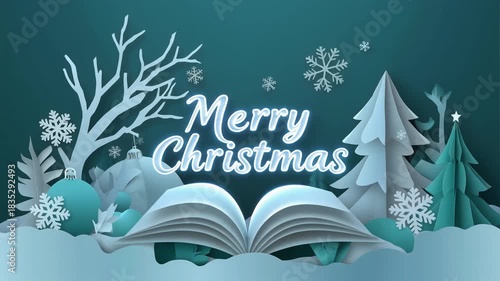 Winter papercut pop-up book animation with 'Merry Christmas' text animation