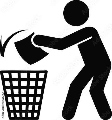 Red Footprints and Shoe Prints Set, Person Disposing of Trash Icon, Stick Figure Throwing Away Paper, Littering Prevention/Trash Symbol, Cleaning Up/Waste Disposal Icon.