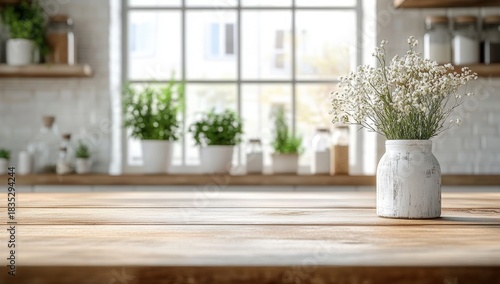 A serene kitchen scene featuring a rustic wooden table with a white vase of flowers and green plants in the background, bathed in natural light.