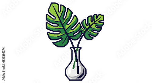 A minimalist pixel art illustration of two green monstera deliciosa leaves arranged in a clear glass vase against a white background.