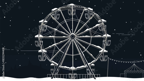 Winter fair scene with ferris wheel and snow falling on a dark night sky