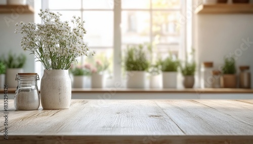 A serene kitchen scene featuring a jar of flowers and a glass sugar container on a rustic wooden table, bathed in warm natural light.