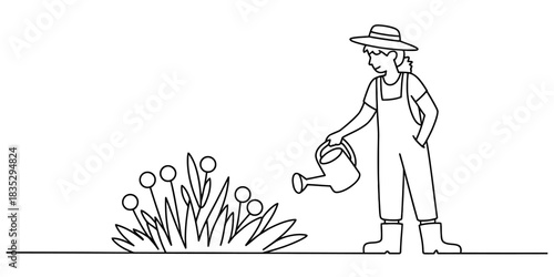 Line art illustration of a person in a hat and overalls, watering garden plants and flowers with a watering can, symbolizing growth. Vector, illustration