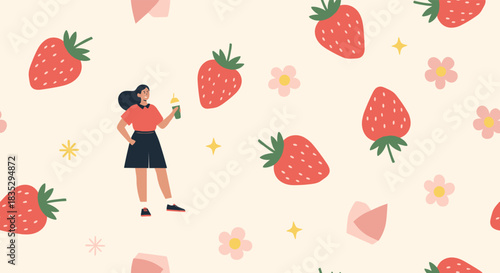 A charming seamless pattern featuring a stylish girl holding a drink strawberries flowers and sparkles creating a sweet summer-themed wallpaper.