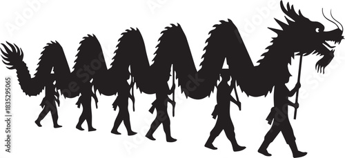 Silhouetted figures carrying a long chinese dragon in a parade