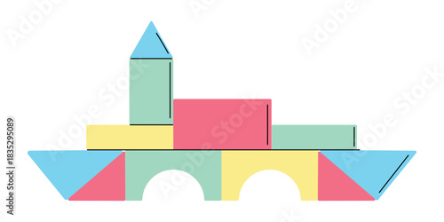 Flat vector illustration of a colorful toy block structure resembling a castle, made of geometric shapes like rectangles, triangles, and arches.