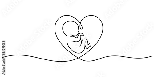 Minimalist continuous line art of a human fetus or embryo nestled within a heart, symbolizing new life, love, pregnancy, and a maternal bond. Vector, illustration