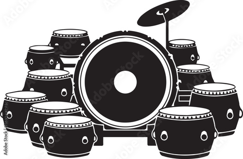 Black and white illustration of a complete drum set on a white background