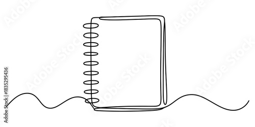 Minimalist single continuous line art drawing of a spiral bound notebook standing upright on a flowing wavy abstract line, ideal for educational concepts Vector, illustration