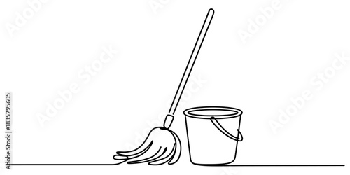 Continuous one line drawing of a classic cleaning mop and a utility bucket, depicting essential household tools for domestic hygiene tasks and sanitation. Vector, illustration