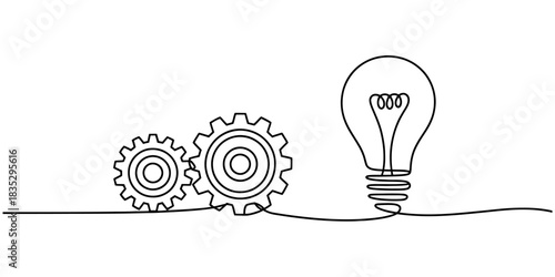 Continuous line drawing of two gears and a lightbulb, representing the synergy between mechanical processes, engineering, and innovative ideas. Vector, illustration