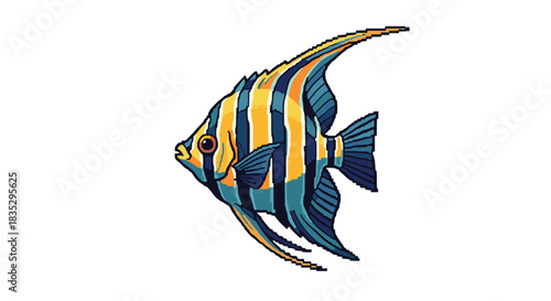 Detailed pixel art of a beautiful tropical angelfish with striking blue and yellow vertical stripes swimming on a white background.