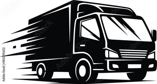 Black and White Vector Icon of Delivery Truck in Motion Representing Speed and Logistics
