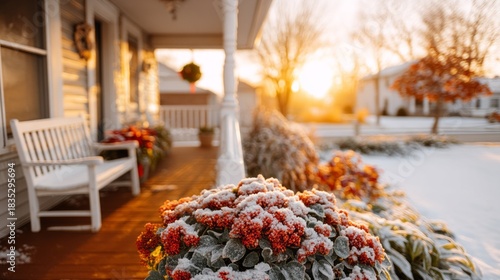 Frosted flowers bloom vibrantly on a quaint porch as warm sunlight begins to break through the winter chill, illuminating the peaceful neighborhood