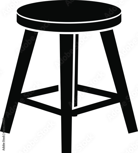 Simple black silhouette of a round wooden stool with four legs and crossbars on a white background