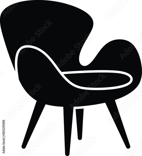 Modern black silhouette of a stylish armchair with a curved back and tapered legs on a white background