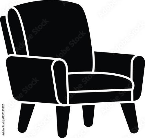Simple black silhouette of a comfortable armchair with padded arms and legs on a white background