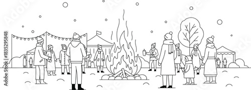 Winter festival scene with people gathered around a bonfire in a snowy landscape
