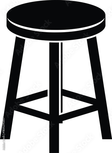 Simple black silhouette of a round wooden stool with three legs on a white background