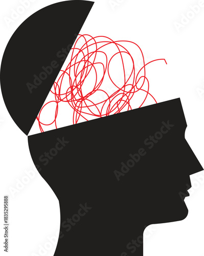 Open Head Silhouette with Chaotic Red Scribble Lines Inside the Brain — Mental Health, Anxiety, Overthinking, Stress Disorder and Psychological Problem Concept Illustration