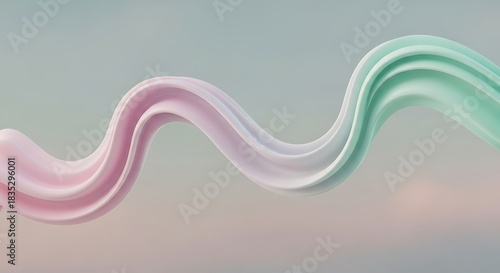 Swirling ribbon of pastel pink and mint green abstract fluid shape wave