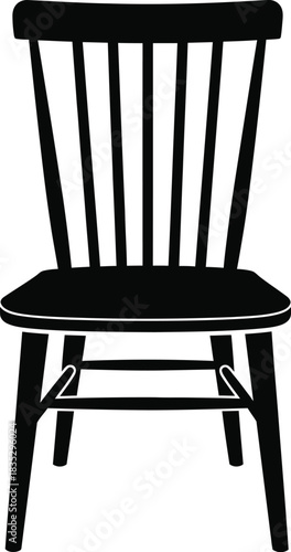 Simple black silhouette of a classic wooden spindle back dining chair isolated on white background