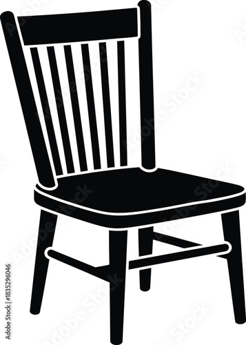 Simple black silhouette of a wooden dining chair with a slatted back on a white background