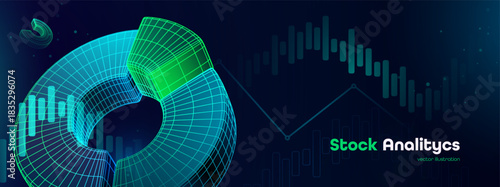 Business Data Analytics. Financial Growth 3D Circular Chart With Neon Highlights And Futuristic Finance Interface. Data Analytics Graphics. Vector Illustration.