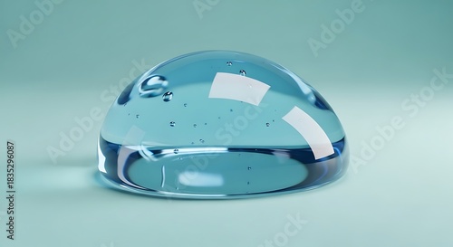 Translucent Blue Gel Droplet with Internal Bubbles on Soft Blue Background liquid