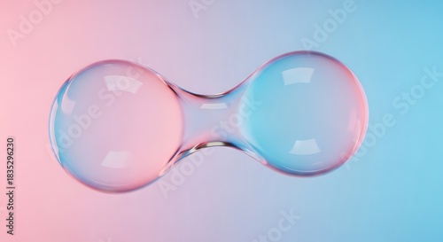 Two interconnected transparent spheres with pink and blue hues against a soft gradient background bubbles