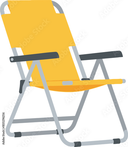 A bright yellow folding camping chair with grey metal frame and black armrests on a white background