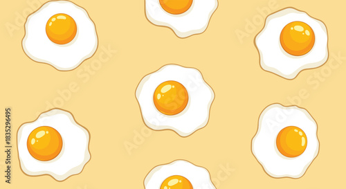 A playful and bright seamless pattern of perfectly cooked sunny-side-up fried eggs scattered across a cheerful yellow background.