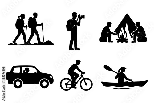 Outdoor activities icons: hiking, camping, photography, cycling, canoeing, road trip.