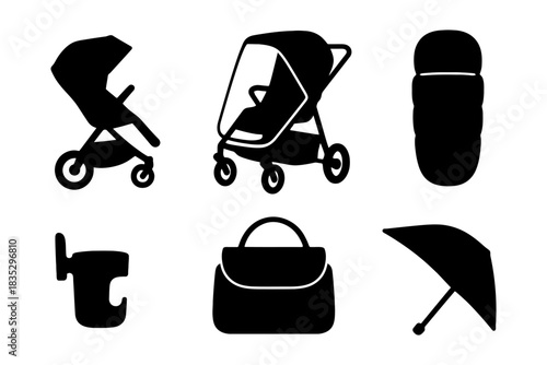 Baby stroller and accessories silhouette icons set for infants and toddlers.