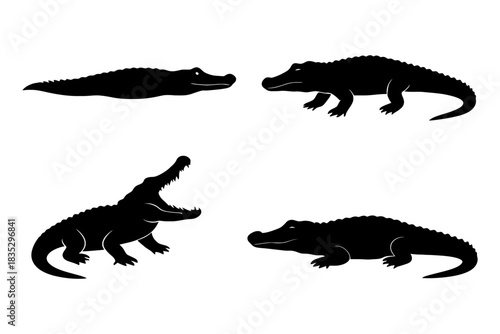 Silhouette illustration of crocodiles in various poses.