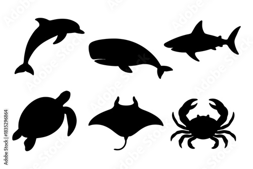 Silhouettes of ocean creatures: dolphin, shark, whale, turtle, ray, crab.