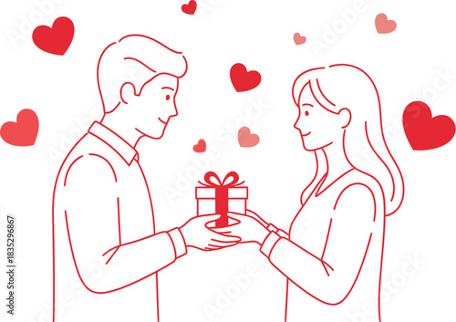 Man gives a gift to a woman surrounded by hearts in a simple line drawing