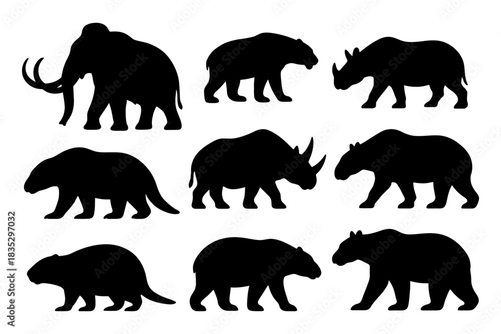 Naklejka premium Silhouettes of prehistoric animals: mammoth, saber-toothed cat, rhino, glyptodon, sloth.