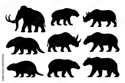 Silhouettes of prehistoric animals: mammoth, saber-toothed cat, rhino, glyptodon, sloth.