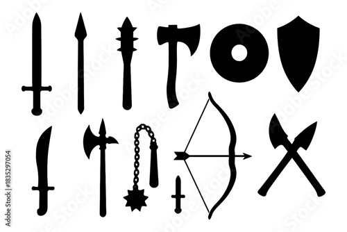 Silhouettes of medieval weapons: swords, axes, shields, bow, and mace.