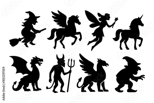 Silhouettes of fantasy creatures: witch, pegasus, fairy, unicorn, dragon, devil, griffin, gnome.