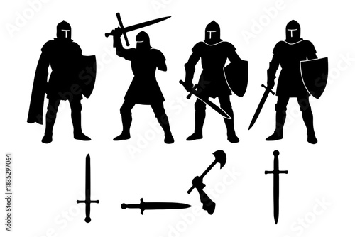 Silhouette of medieval knights with weapons and shields.