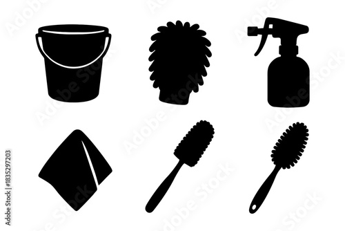 Silhouette icons of cleaning tools: bucket, duster, spray bottle, cloth, brushes.