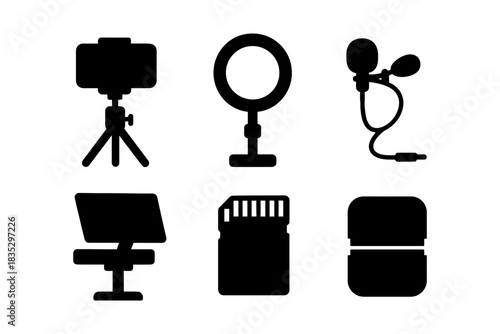 Silhouette icons of camera accessories and equipment on white background.